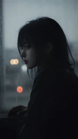 Rain soaked window cradles a quiet city of distant suns