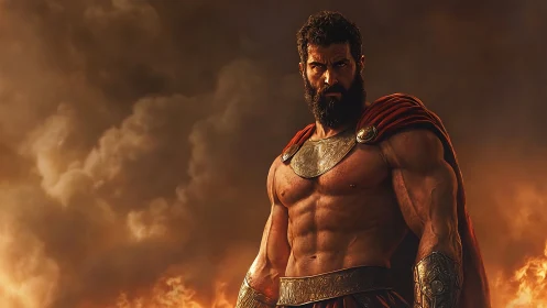 Armored Spartan warrior stands against storm-lit inferno sky