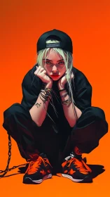 Chromatic streetwear portrait under saturated orange field.