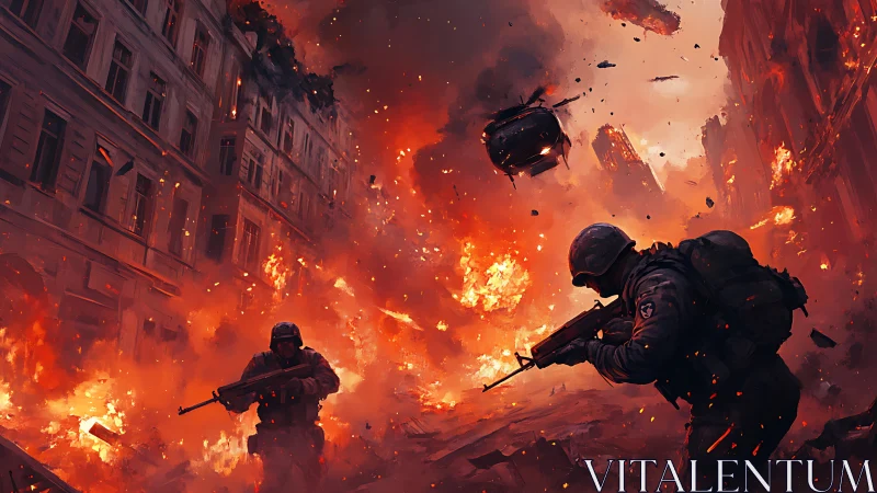 Urban Combat: Soldiers Navigate Fiery Devastation Amid Explosive Chaos.