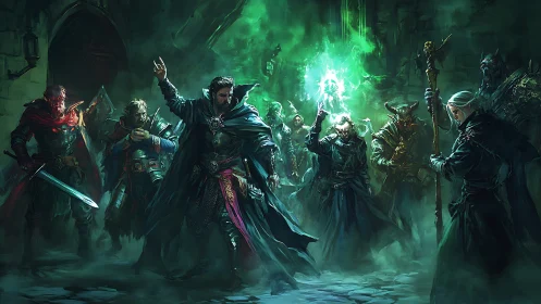Dark fantasy mage council channeling emerald arcane power.
