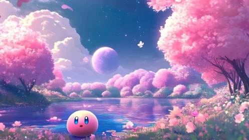 Celestial cherry blossom valley rendered in luminous pastel fantasy