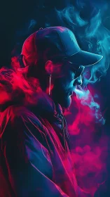 Bimodal neon vapor portrait with moody volumetric lighting.