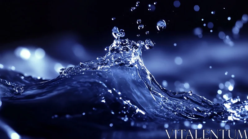 Macro water splash crest in deep blue studio light.