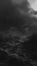 Stormy twilight path winds through a dark, misty landscape