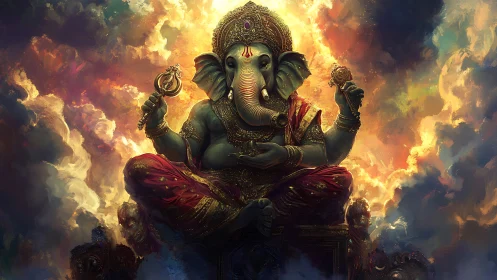 Elephant-headed deity seated amid luminous cloudscape.