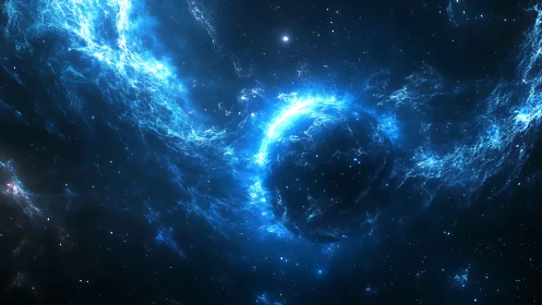 Radiant blue nebula swirls around a shadowed cosmic sphere