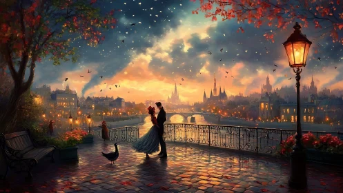 Autumn Romance Over Gothic City at Dusk.