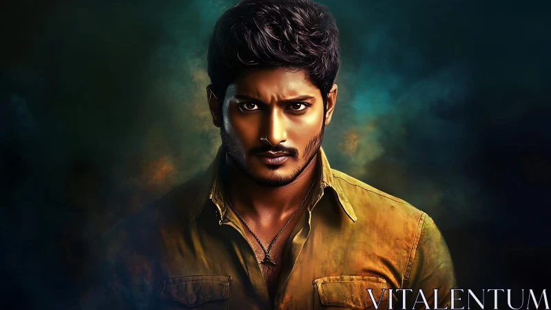 Intense digital portrait of serious man in warm lighting.