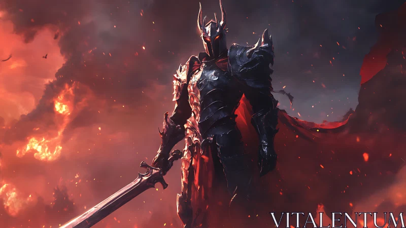 Hellfire warlord in obsidian armor amid searing storm.