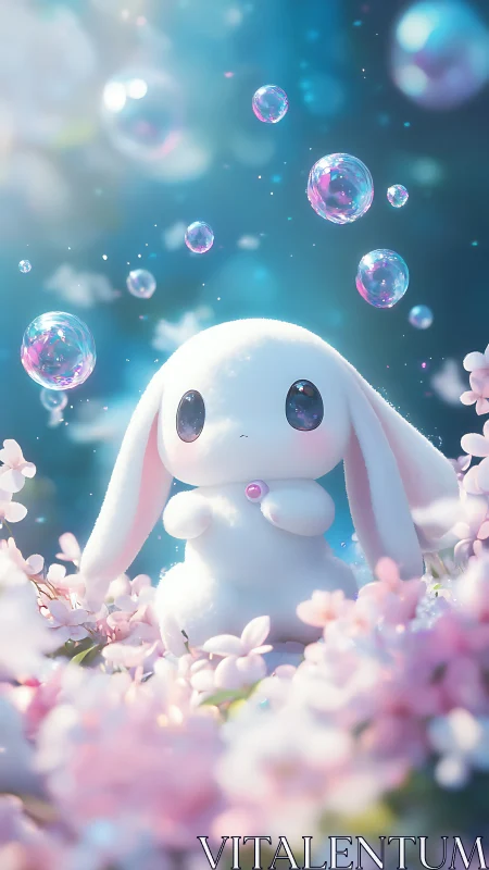 Iridescent bubble-field around plush white bunny avatar.