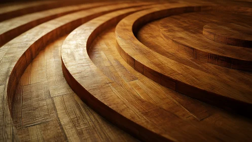 Curved wooden concentric steps with warm textured surface.