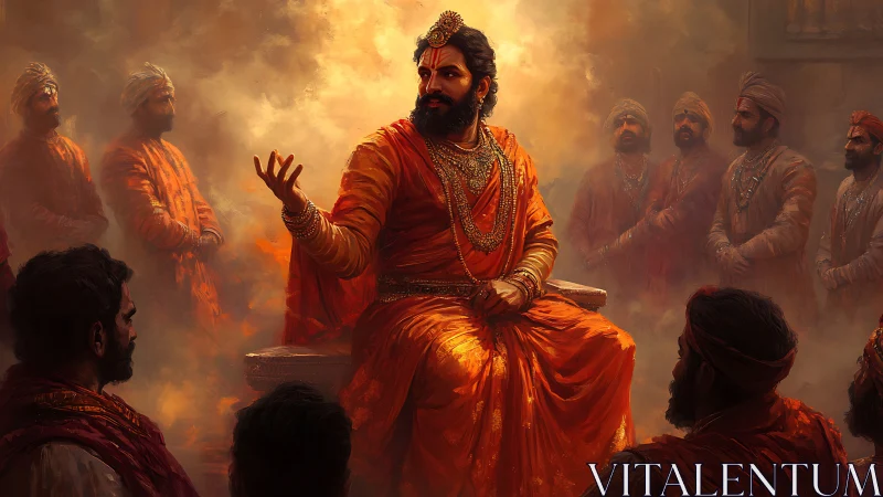 Regal leader in glowing orange robes among loyal followers.