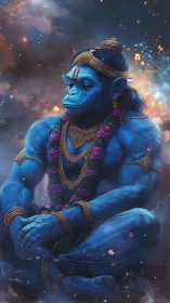 Celestial blue simian deity meditates within cosmic fire.