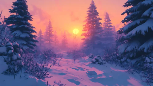 Snowy pine forest at vivid pink and orange sunset.