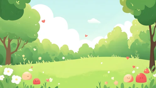 Whimsical Forest Landscape with Playful Characters and Love