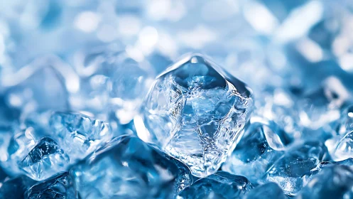 Macro view of translucent ice cubes with cool blue tones.