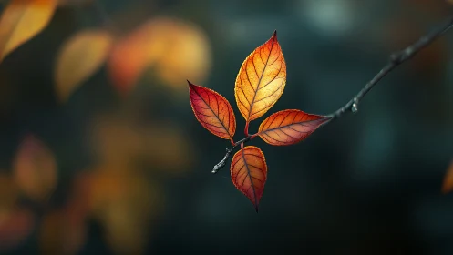 Vivid autumn leaves on branch with dramatic bokeh background.