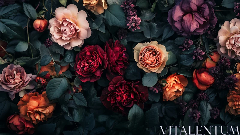 Dark Moody Floral Garden with Layered Blooms and Foliage