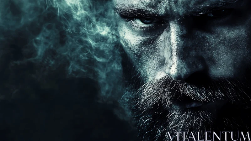 Bearded man glares through swirling blue smoke in shadow