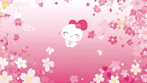 Smiling cherry blossom friend floats in a gentle pink dream