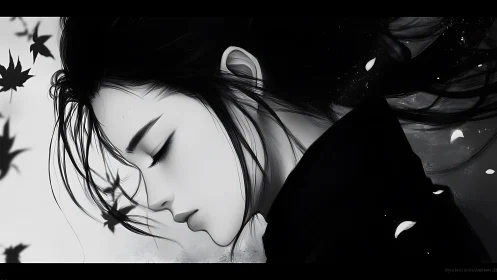Silent monochrome muse drifting through falling petals.