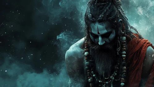 Mystic ash-smeared ascetic emerging from swirling teal smoke.