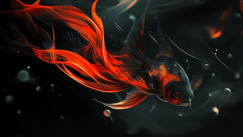 Radiant red koi glides through dark abstract waterscape.