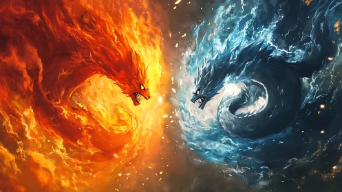 Elemental fire dragon collides with swirling ice serpent