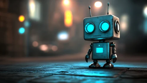Square-headed robot in neon-lit street, glowing cyan optics.