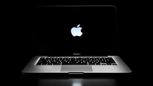 Backlit laptop in low key lighting emphasizes minimalist icon