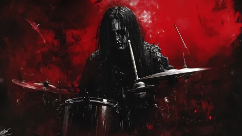 Drummer with long hair performing amid dense red smoke.