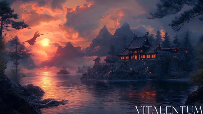 Sunset sanctuary by the lake with dragon and lantern glow.