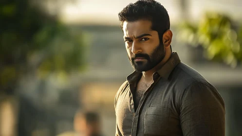 Serious bearded man in outdoor cinematic portrait.