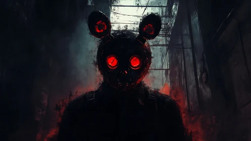Red-eyed rodent gas mask figure stands in smoky, backlit alley