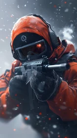 Crimson winter marksman steadies a rifle in swirling sparks