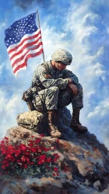 Solitary modern infantry sentinel under turbulent memorial sky.