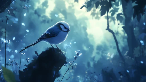 Dreamy blue forest with a small bird on a branch, digital art.