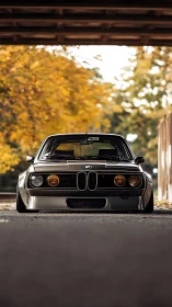 Low-slung classic BMW coupe with widebody stance under autumn canopy