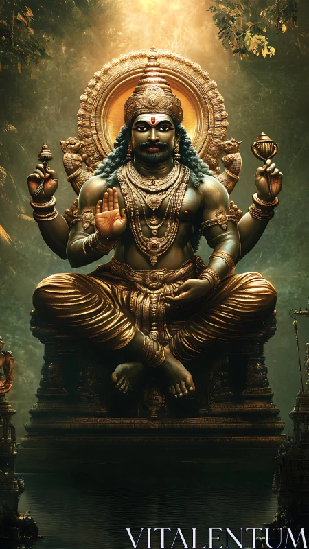 Divine seated deity glows in ornate golden temple setting.