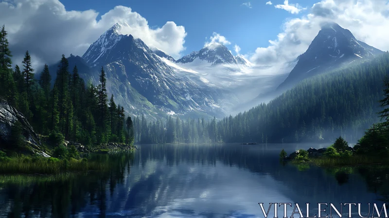 Snowcapped mountains reflected in calm alpine lake.