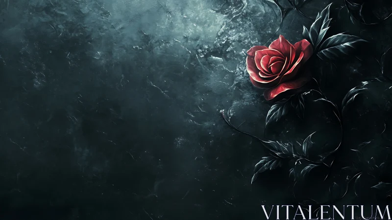 Single red rose on dark textured background.
