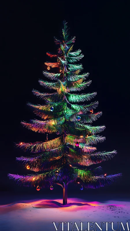 Colorful Christmas tree with lights on snowy ground.