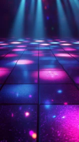 Illuminated grid floor under colored stage spotlights.