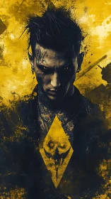 Shadow-marked rebel framed in bold yellow chaos.