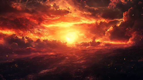 Infernal sunset sky over desolate burning landscape.