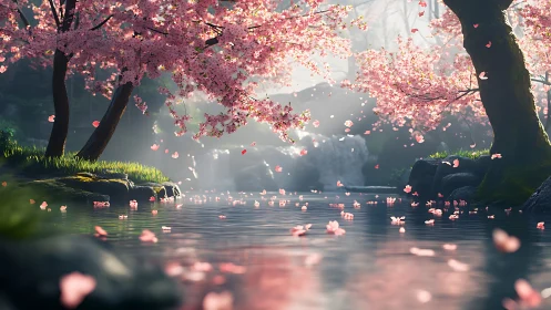 Petals drift downstream while spring light softens the falls