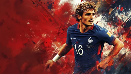 Dynamic French footballer sprints through abstract red paint