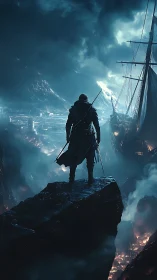 Stormlit wanderer overlooking a burning seafaring city.