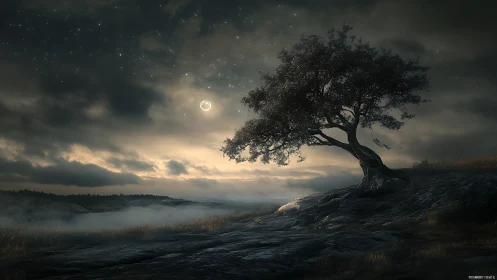 Solitary windswept tree on rocky hill under moonlit sky.